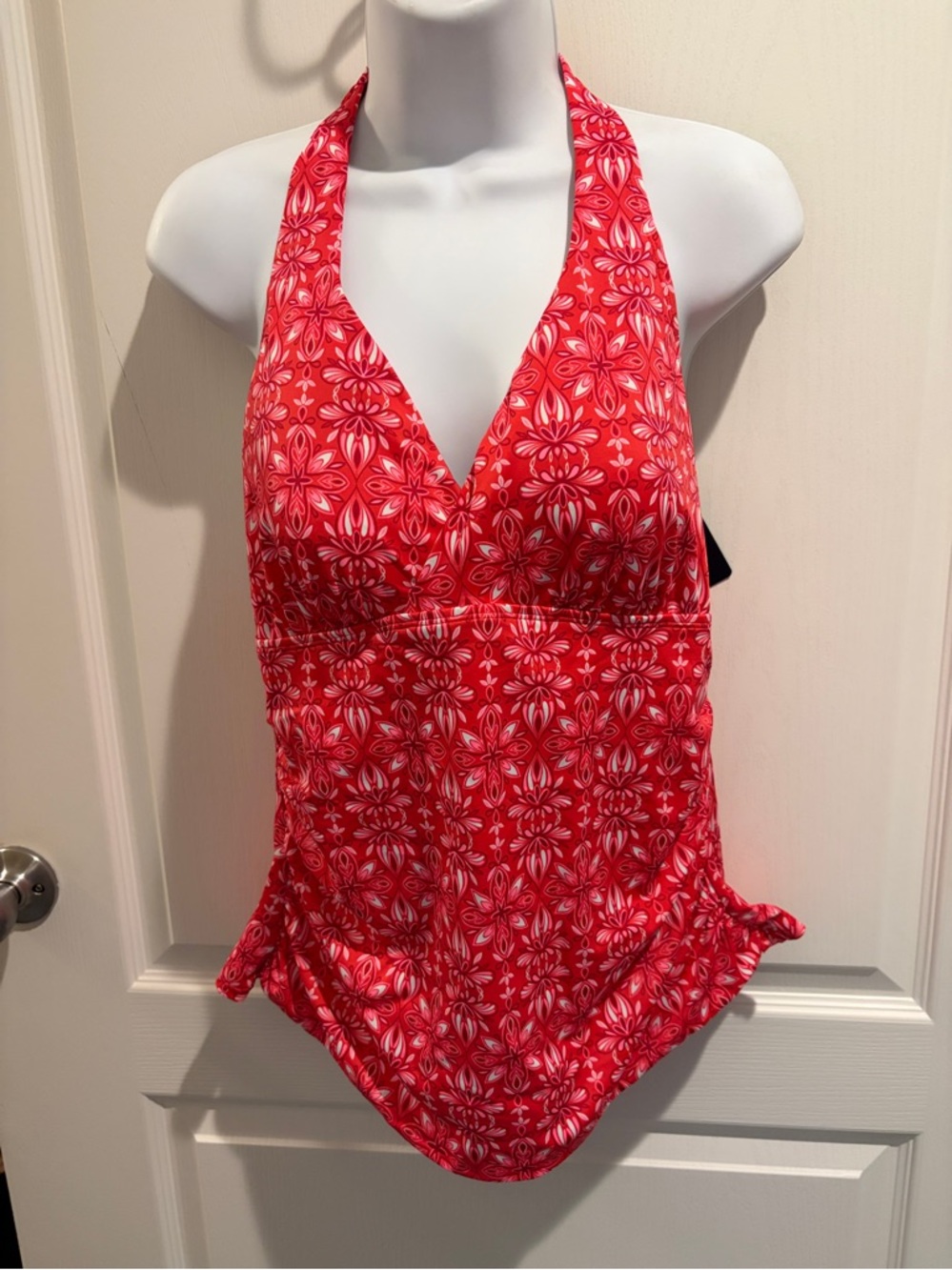 L.L. Bean Red Floral Halter One-Piece Swimsuit